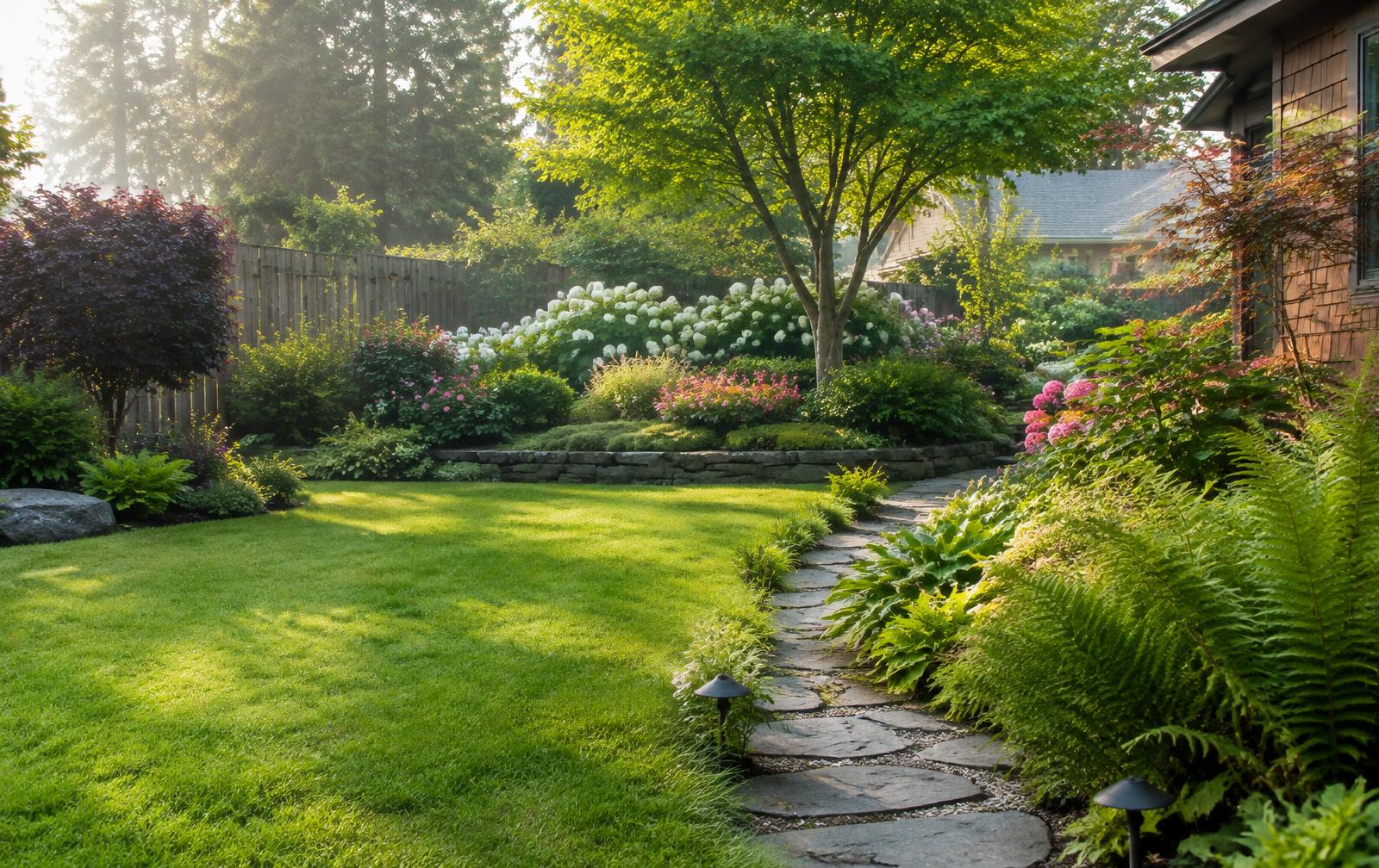 A green lawn bordered by flowering shrubs, ferns and a stone garden path